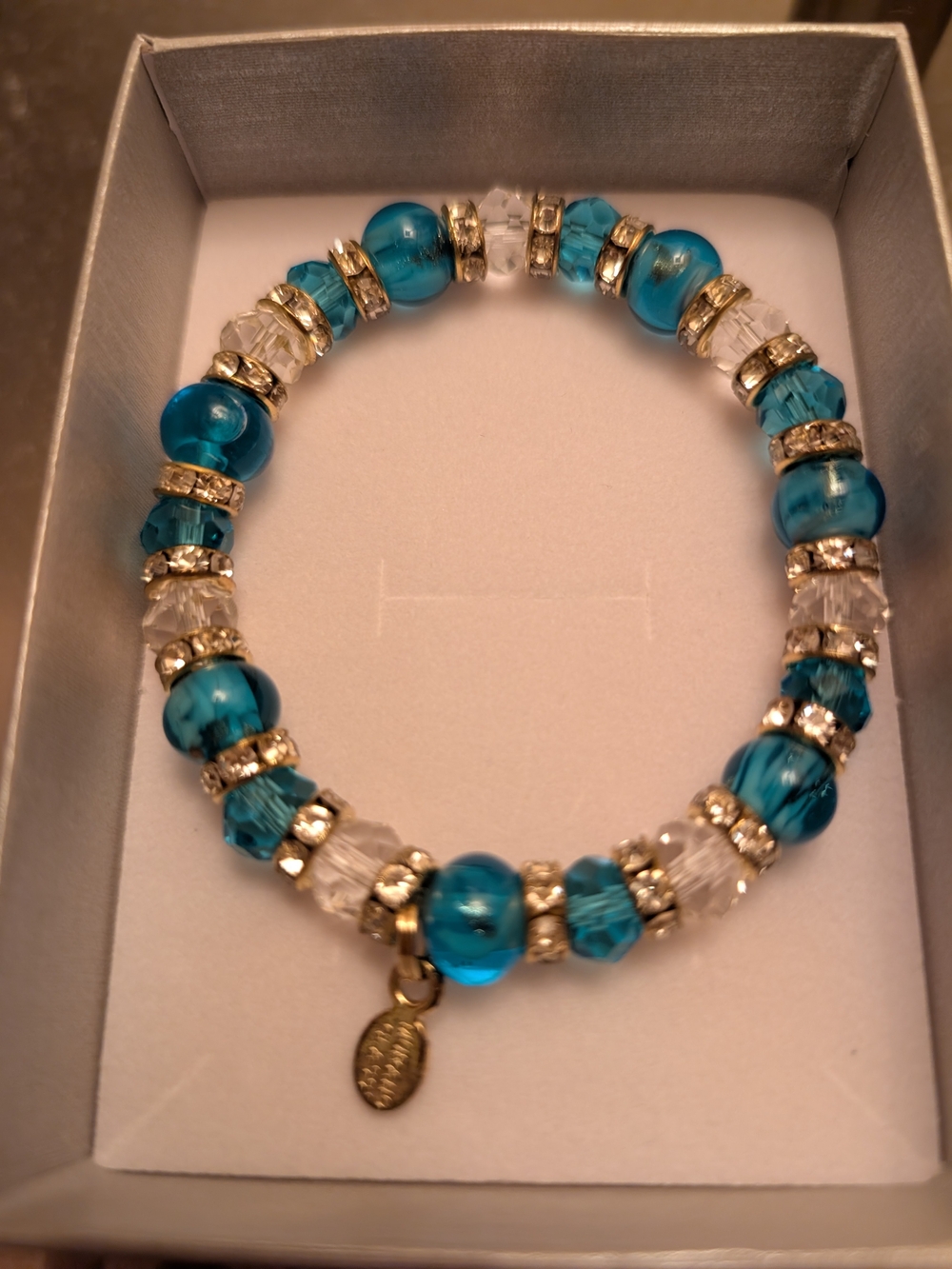 Blue Murano Glass Stretch Bracelet with Gold Accents -Made In Italy